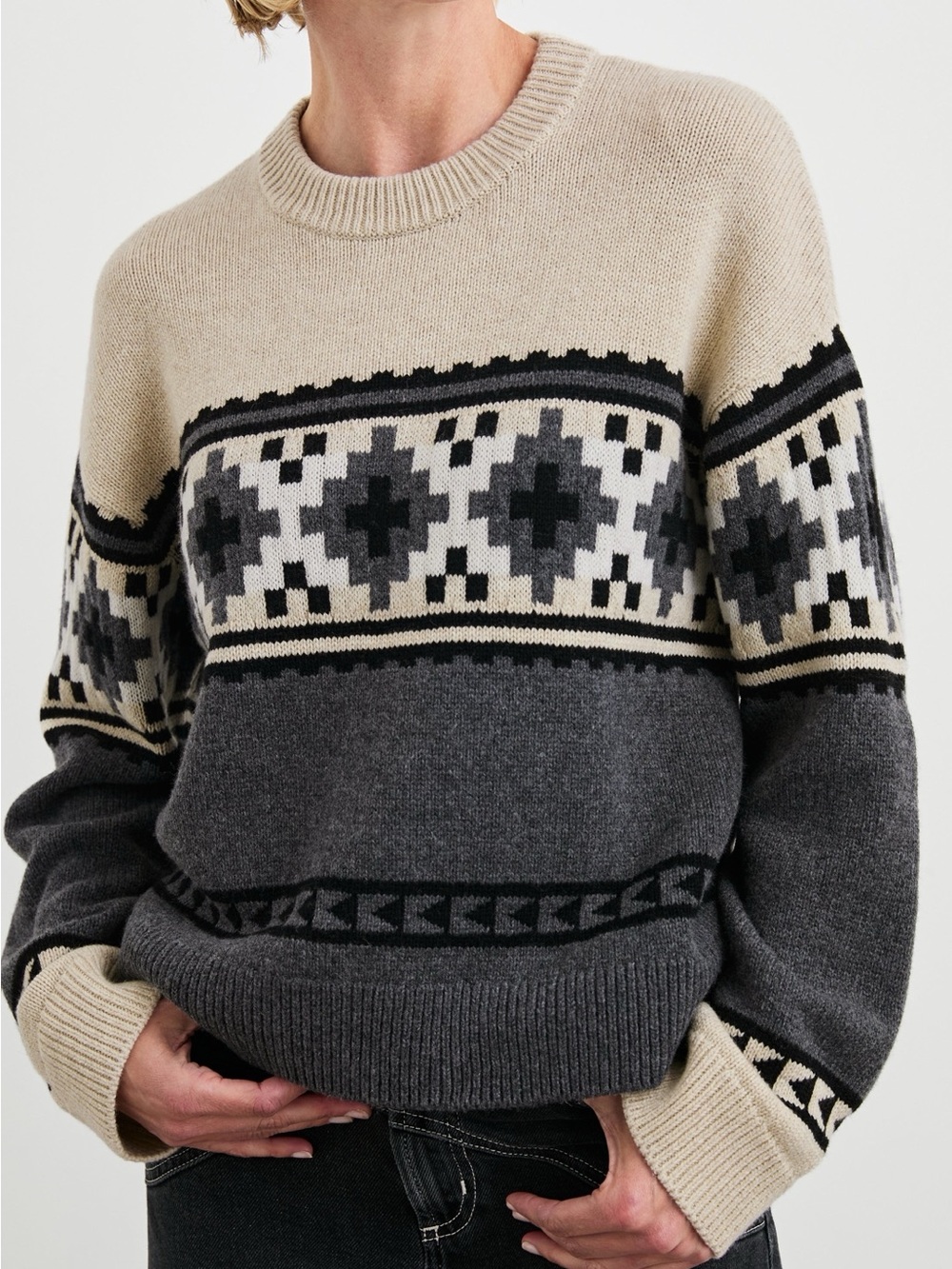 Rails Emma Heather Fair Isle Crewneck Sweater Gray Cream Small Merino Wool